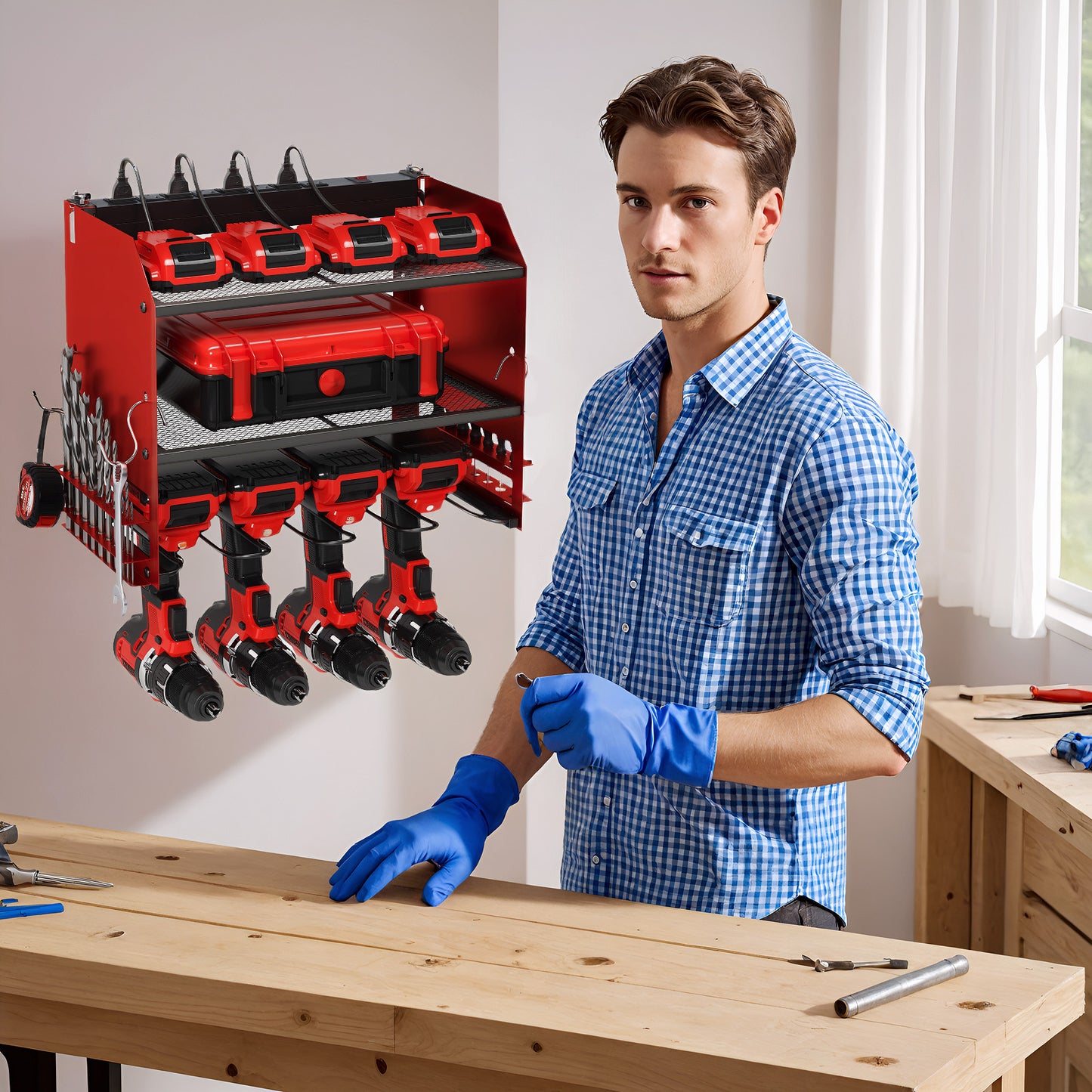 Tool Room Organizer,Wall-Mounted System with 4 Drill Slots, 8-Outlet Power Strip, and Storage for Tools and Accessories, Ideal for Garages and Workshops