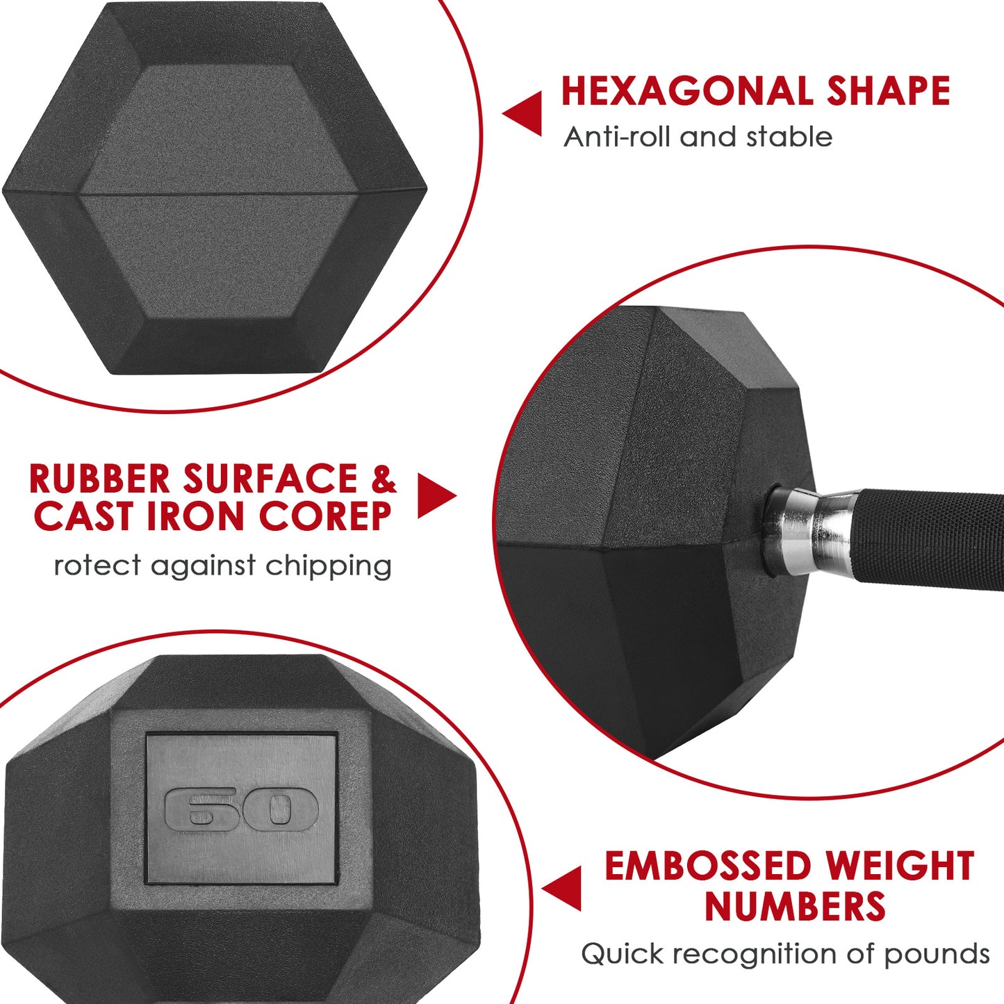 TLGREEN Rubber Hex Dumbbell, Rubber Coated Cast Iron, with Anti-Slip Rubber Grip, 60-75lb, 1 Pair/2Pcs
