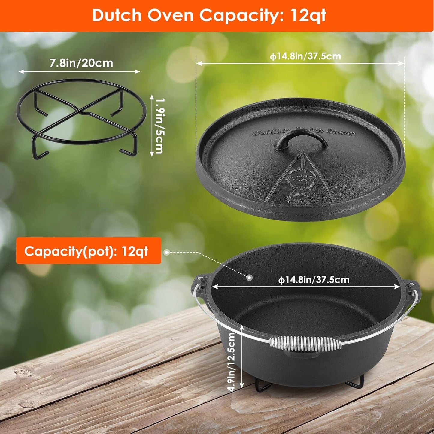 TLGREEN Cast Iron Dutch Oven with Lid, without Feet, Stand, Spiral Handle, for Indoor/Outdoor Use