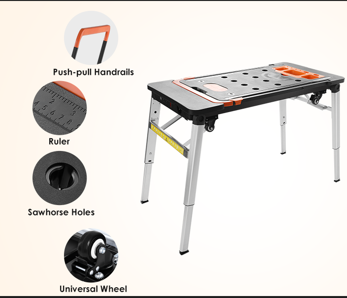 Versatile Folding Work Table: 7 Functions in One – Portable Workbench, Sawhorse, Scaffold, Platform, Car Creeper, Dolly, and Hand Truck with 4 Wheels