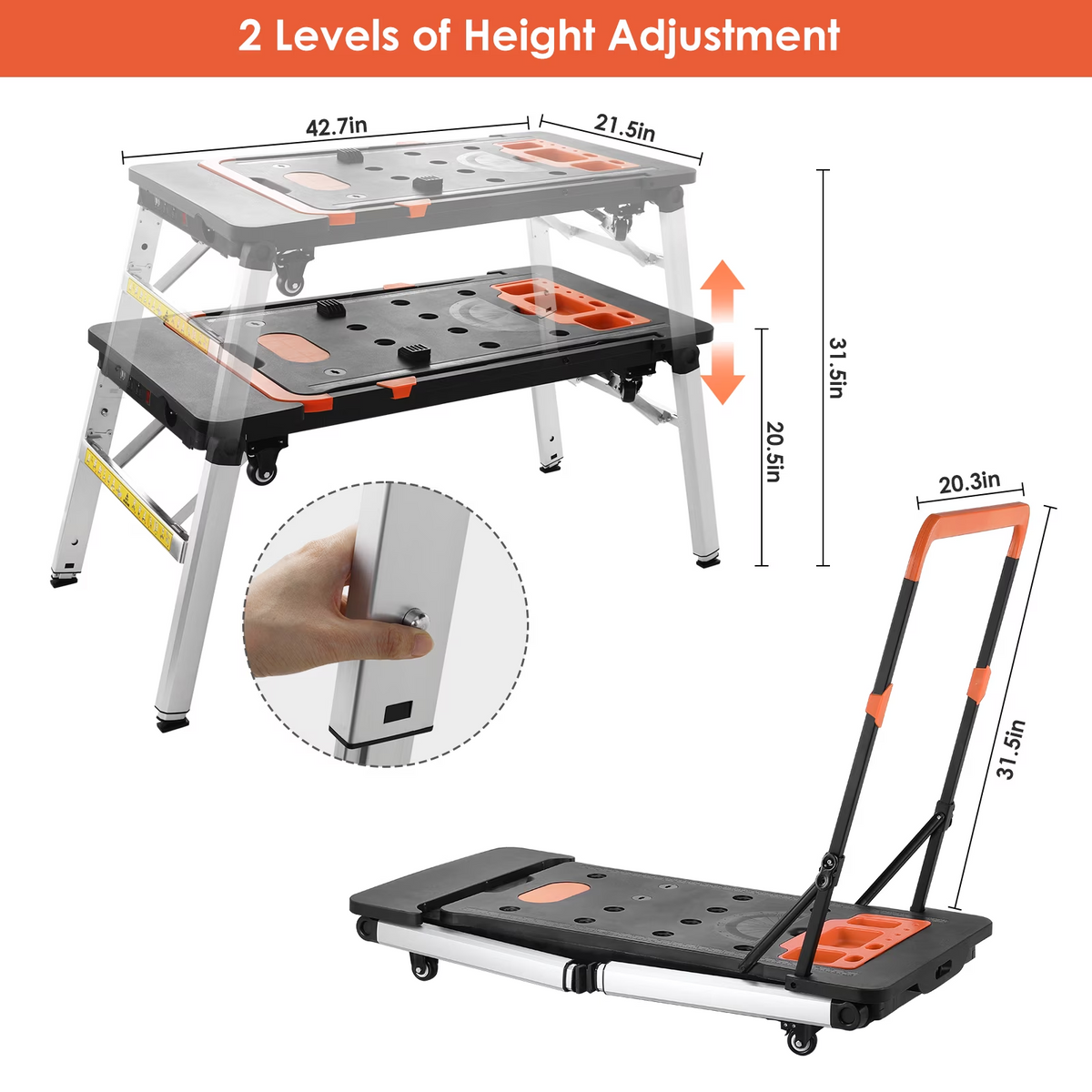 TLGREEN 7-in-1 Multifunctional Folding Work Bench, Portable Work Table for Garage, as Sawhorse, Scaffold, Platform, Car Creeper, Dolly with Wheels