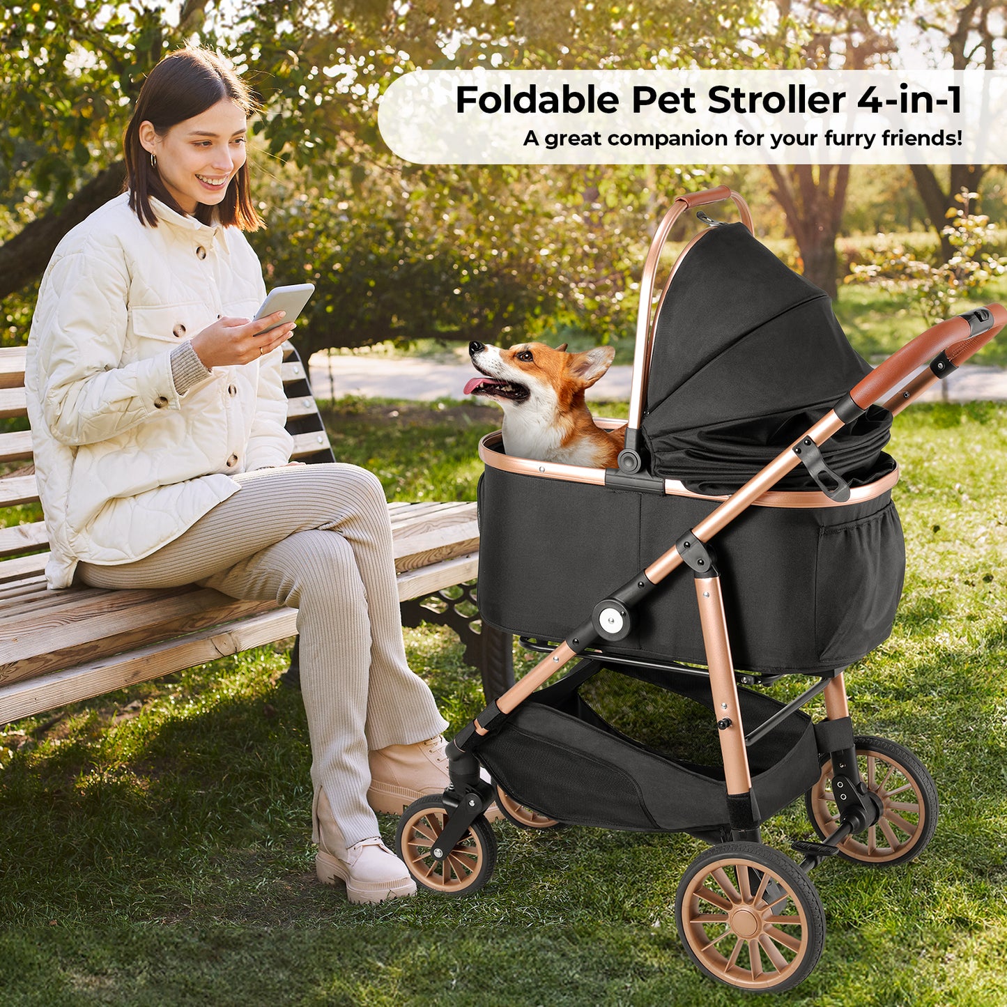 TLGREEN 4-Wheel Stable Pet Stroller for Medium Dogs/ Cats (55lbs Max) - 3-in-1 Convertible Design with Removable Carrier & One-Click Folding Mechanism (Black)
