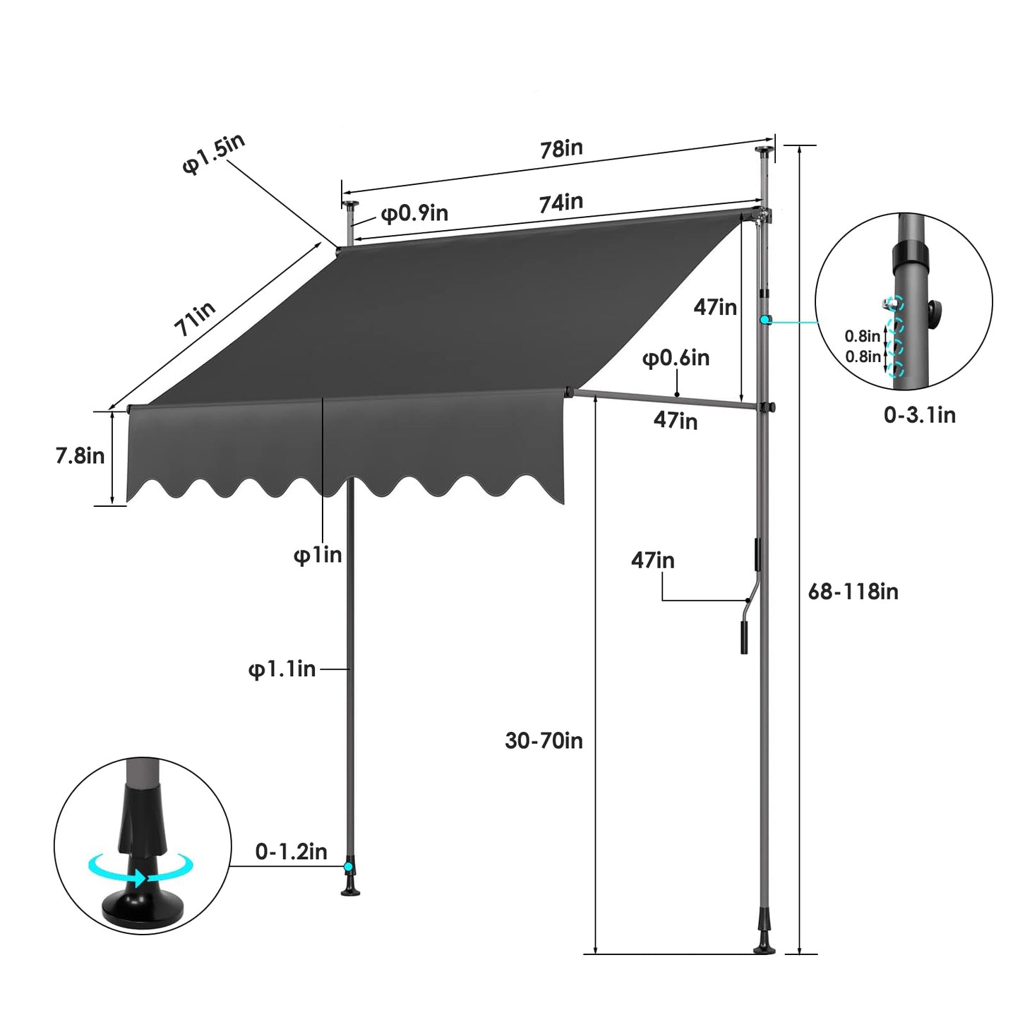 TLGREEN Manual Retractable Awning, Non-screw Outdoor Retractable Patio Awning, Height Adjustable Sun Shade Awning, for Balcony or Door(118" H x 118" W x 47" D)