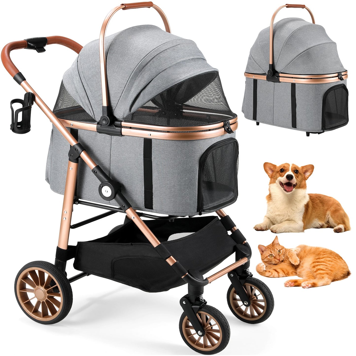 TLGREEN 4-Wheel Stable Pet Stroller for Medium Dogs/ Cats (55lbs Max) - 3-in-1 Convertible Design with Removable Carrier & One-Click Folding Mechanism (Black)