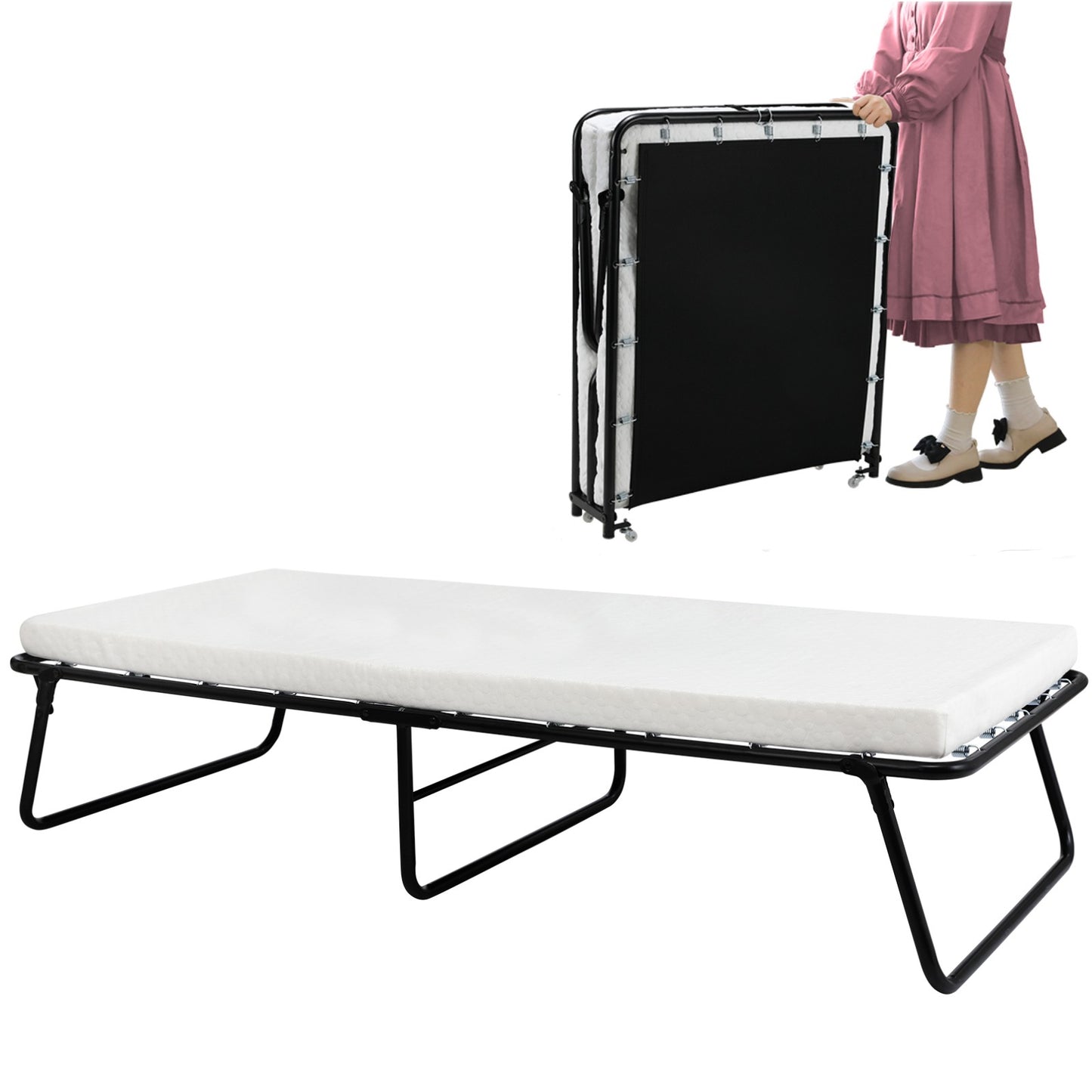 TLGREEN Portable Folding Bed with Wheels, Memory Foam Mattress, No Assembly