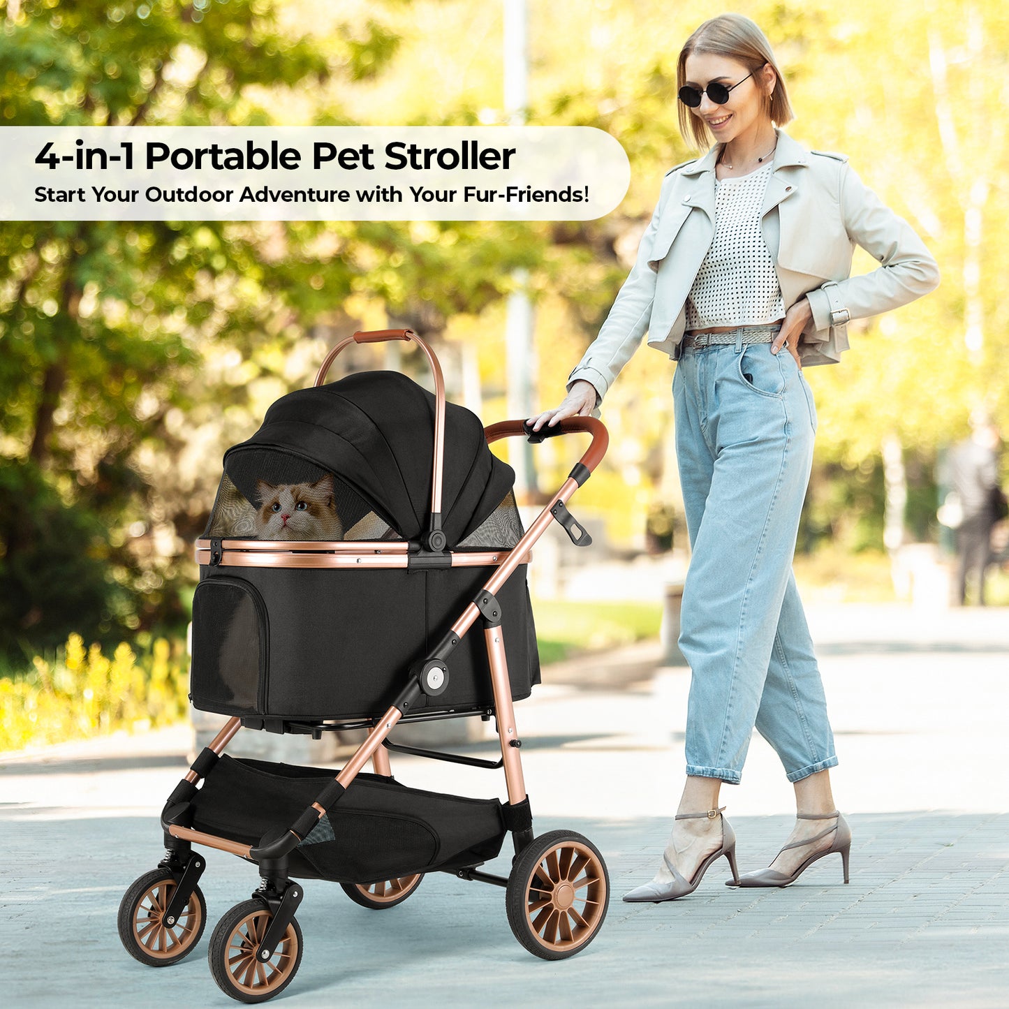TLGREEN 4-Wheel Stable Pet Stroller for Medium Dogs/ Cats (55lbs Max) - 3-in-1 Convertible Design with Removable Carrier & One-Click Folding Mechanism (Black)