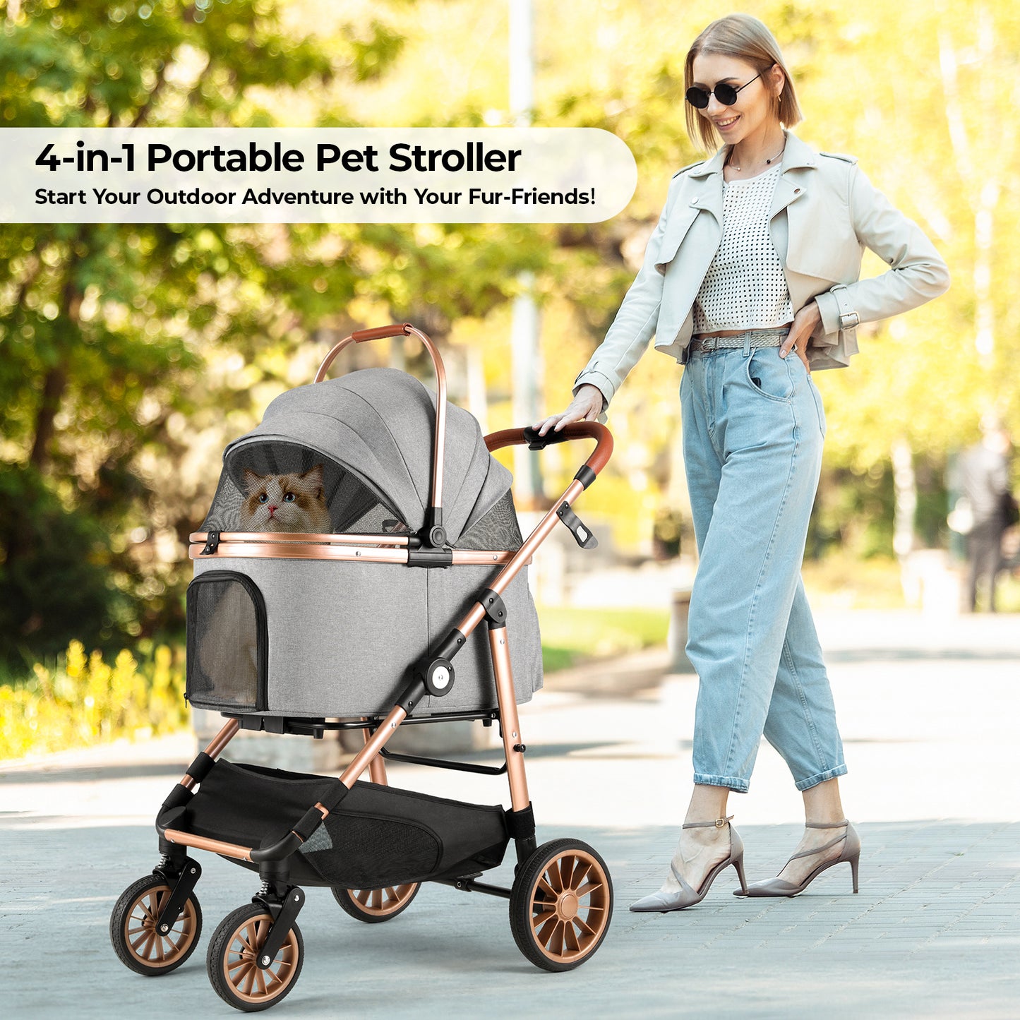 TLGREEN 4-Wheel Stable Pet Stroller for Medium Dogs/ Cats (55lbs Max) - 3-in-1 Convertible Design with Removable Carrier & One-Click Folding Mechanism (Black)