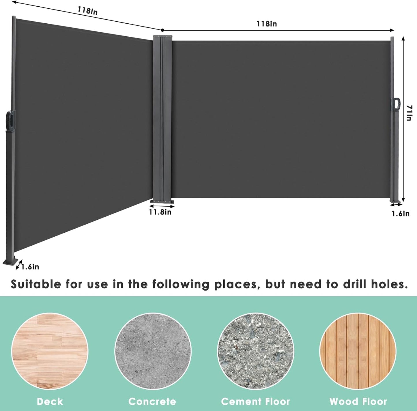 TLGREEN 236" x 71" Retractable Side Awning, Patio Retractable Side Screen Awning, UV Resistant, Patio Privacy Screen For Garden, Balcony, Courtyard (Dark Grey)
