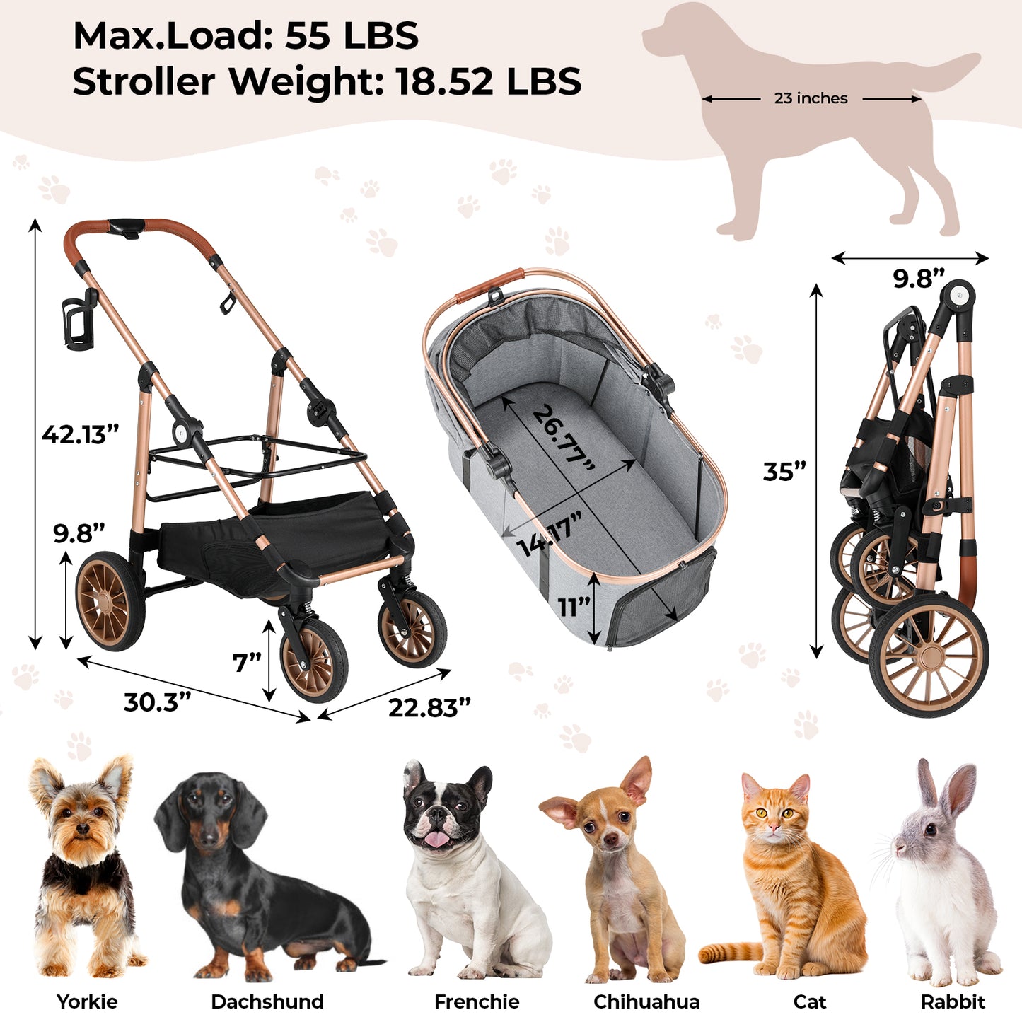 TLGREEN 4-Wheel Stable Pet Stroller for Medium Dogs/ Cats (55lbs Max) - 3-in-1 Convertible Design with Removable Carrier & One-Click Folding Mechanism (Black)