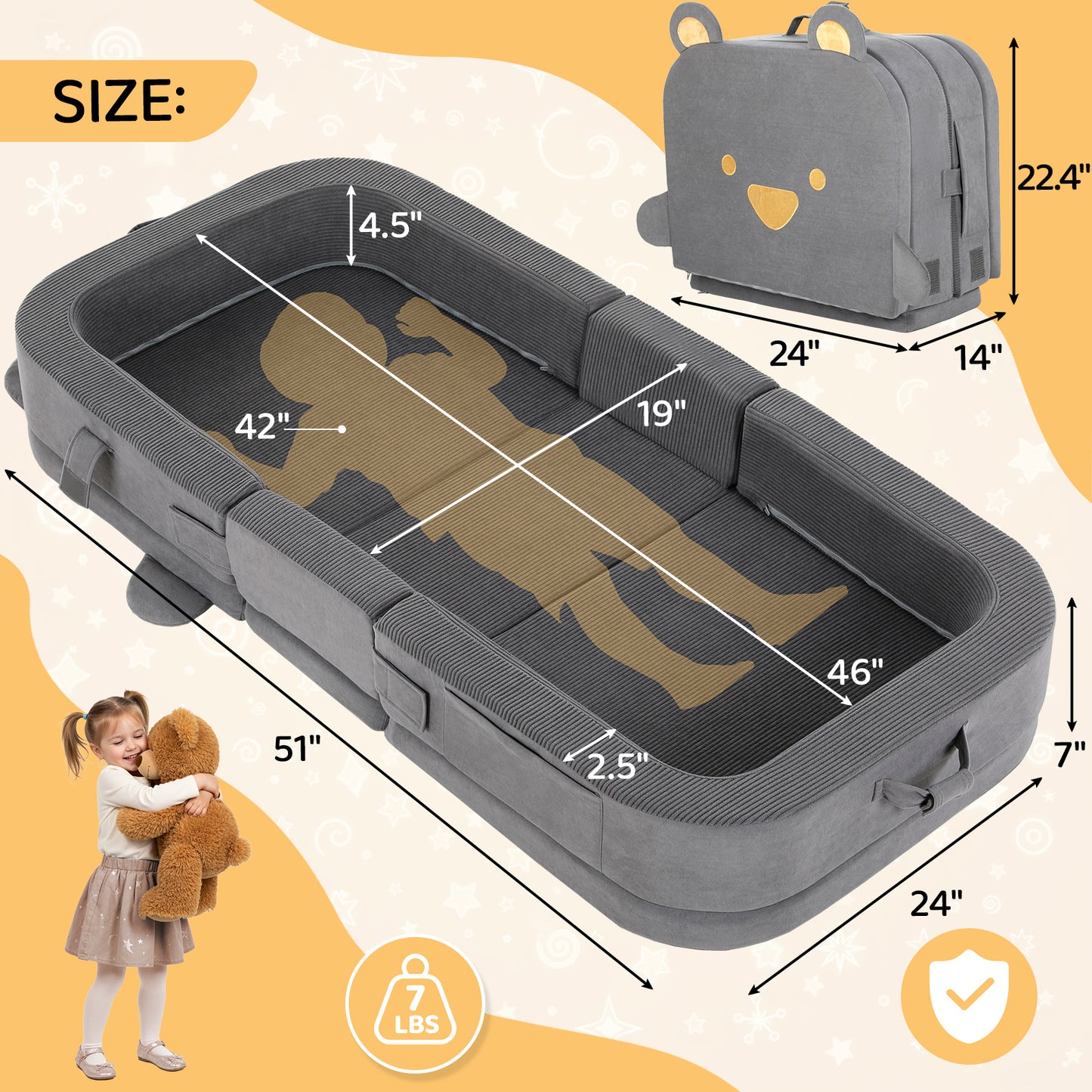 Foldable Toddler Travel Bed, Portable Toddler Floor Bed with Soft Foam for Baby and Kids Aged 1-4,with Washable Cover, Safety Rail, for Home,Hotel,Family Visits,Camping, Grey