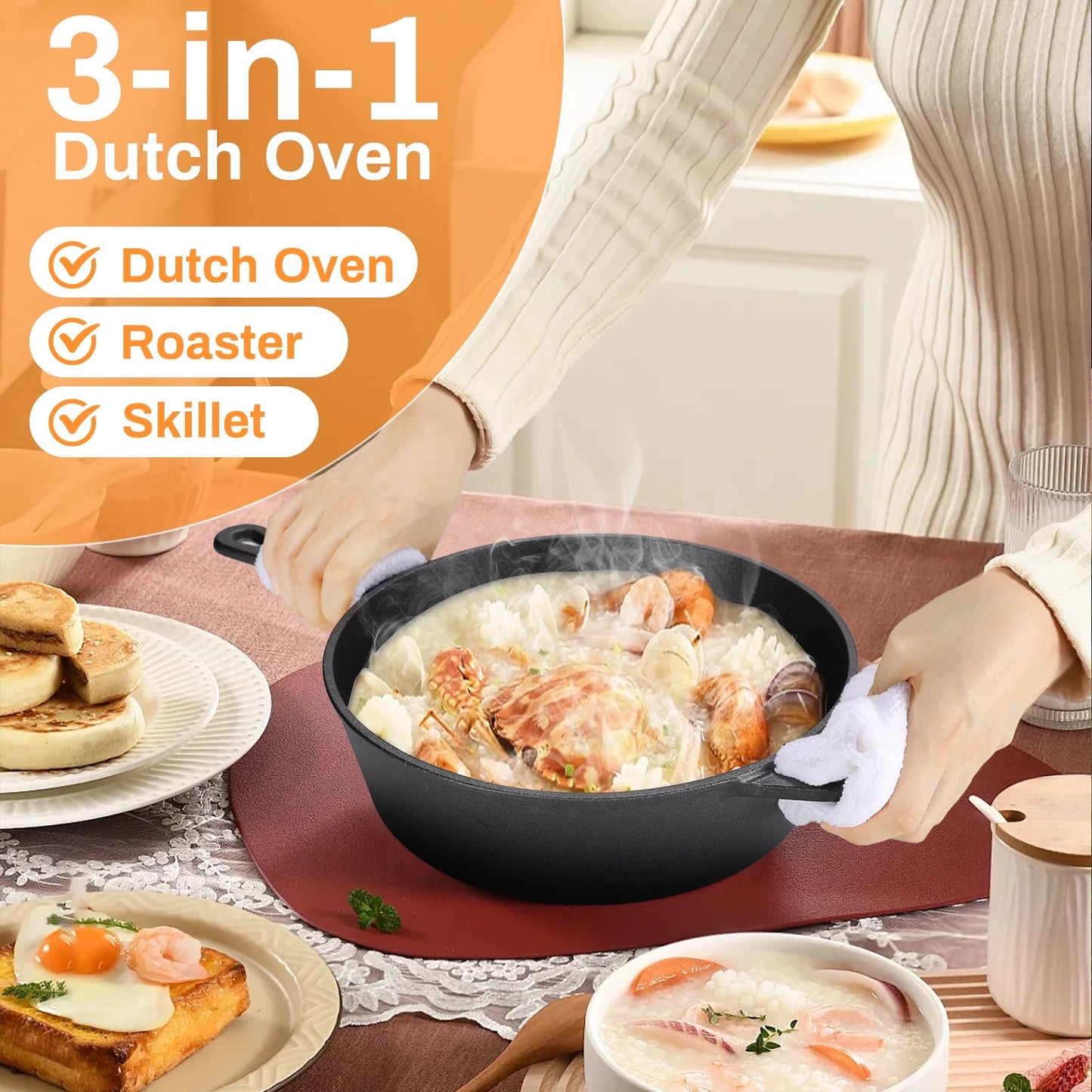 TLGREEN 2-in-1 Cast Iron Dutch Oven Pot, with Skillet & Lid - 2.9 Qt Deep Pot + 1.27 Qt Frying Pan, Versatile for Oven, Stove, Grill, Campfire