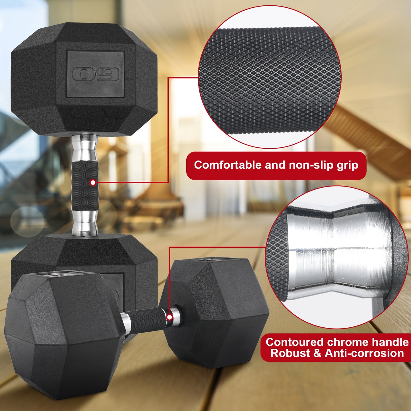 TLGREEN Rubber Hex Dumbbell, Rubber Coated Cast Iron, with Anti-Slip Rubber Grip, 60-75lb, 1 Pair/2Pcs