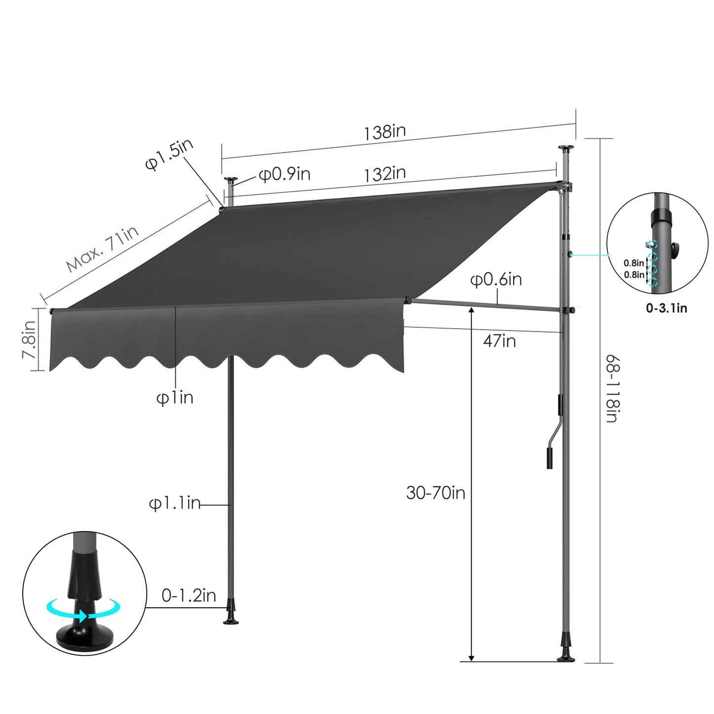 TLGREEN Manual Retractable Awning, Non-screw Outdoor Retractable Patio Awning, Height Adjustable Sun Shade Awning, for Balcony or Door(118" H x 118" W x 47" D)