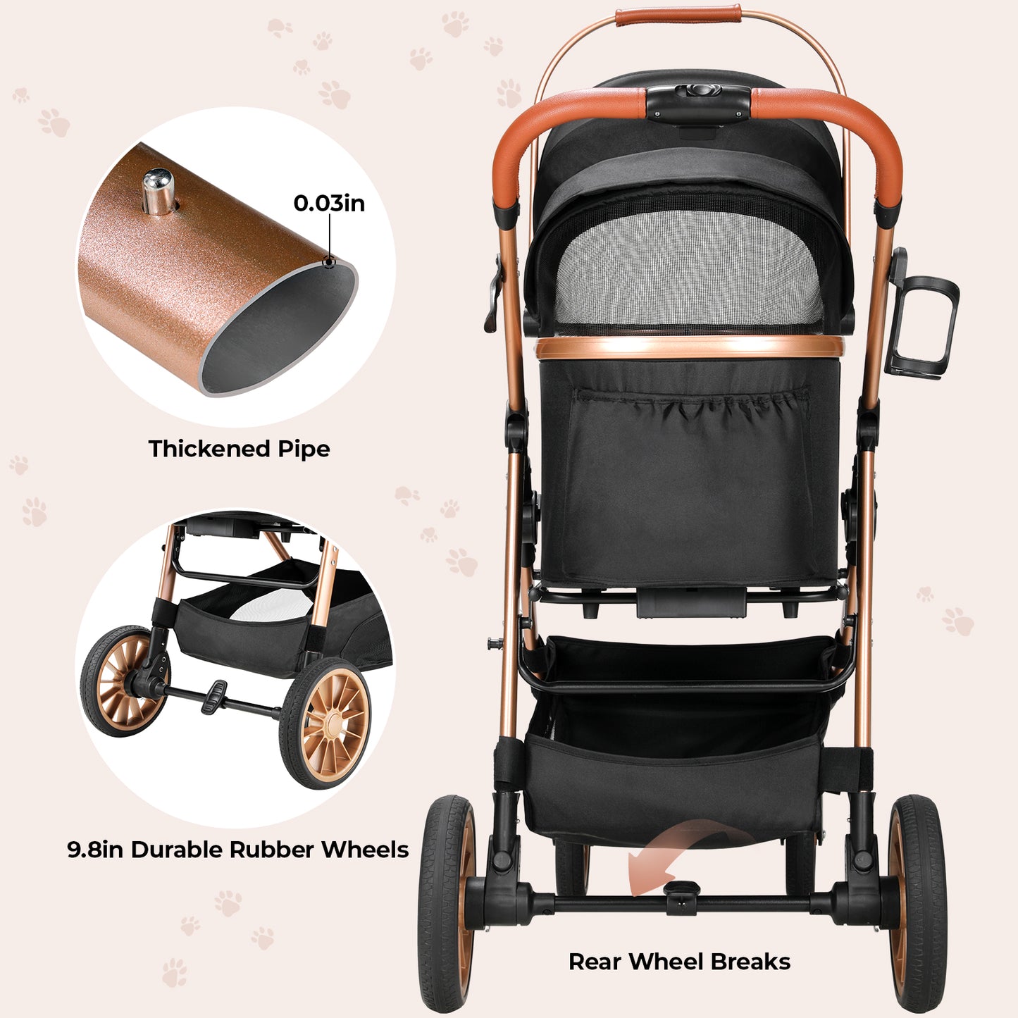 TLGREEN 4-Wheel Stable Pet Stroller for Medium Dogs/ Cats (55lbs Max) - 3-in-1 Convertible Design with Removable Carrier & One-Click Folding Mechanism (Black)
