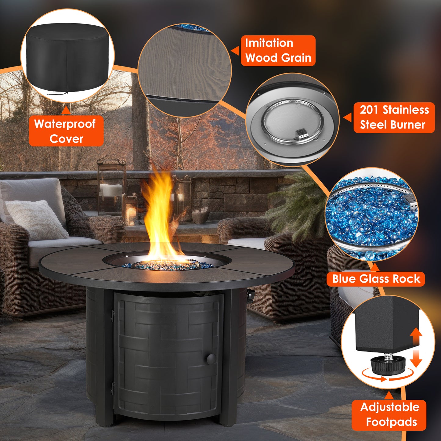 TLGREEN 42" Propane Fire Pit Table with Lid and Blue Stone, 50,000 BTU Auto-Ignition Circular Gas Fire Pit for Outdoor, with Waterproof Cover, CSA Certified