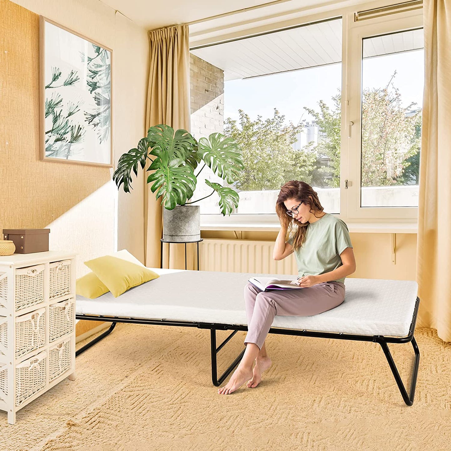 TLGREEN Portable Folding Bed with Wheels, Memory Foam Mattress, No Assembly