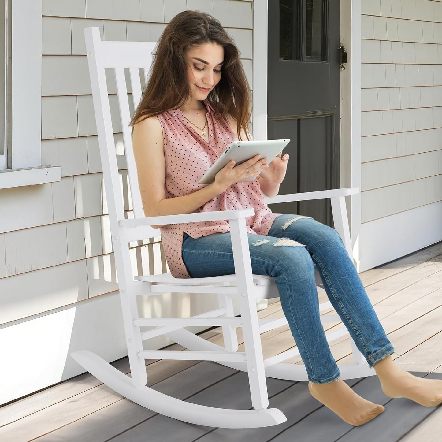 TLGREEN Solid Wood Outdoor Rocking Chair Featuring High Backrest, Simple Assembly for Porch, Garden, Lawn, Balcony