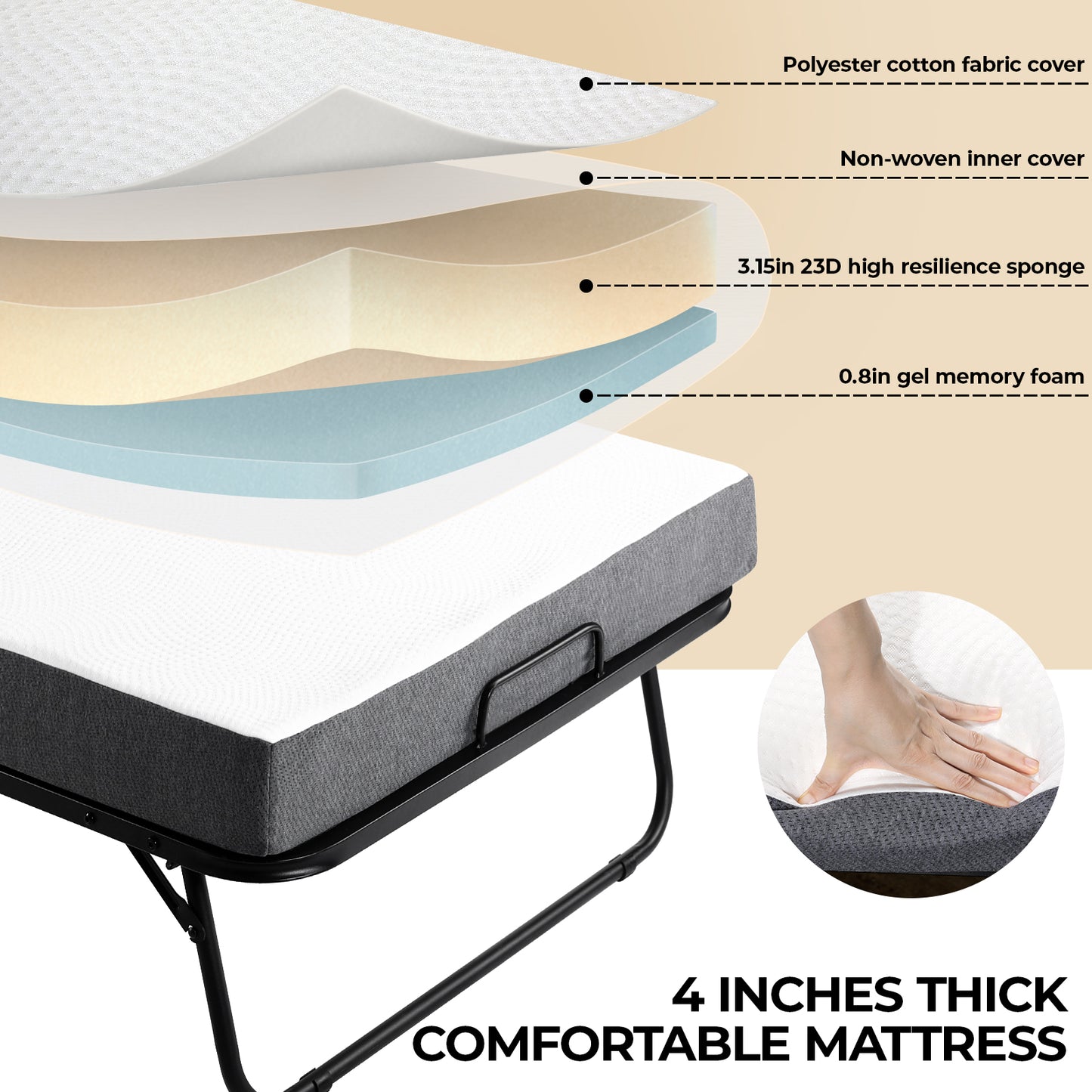 TLGREEN Portable Folding Bed with Mattress - Cot Size, 4" Memory Foam, Sturdy Metal Frame, Space-Saving for Guests or Small Rooms