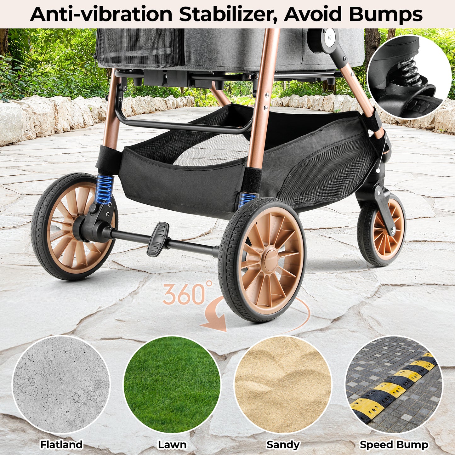 TLGREEN 4-Wheel Stable Pet Stroller for Medium Dogs/ Cats (55lbs Max) - 3-in-1 Convertible Design with Removable Carrier & One-Click Folding Mechanism (Black)