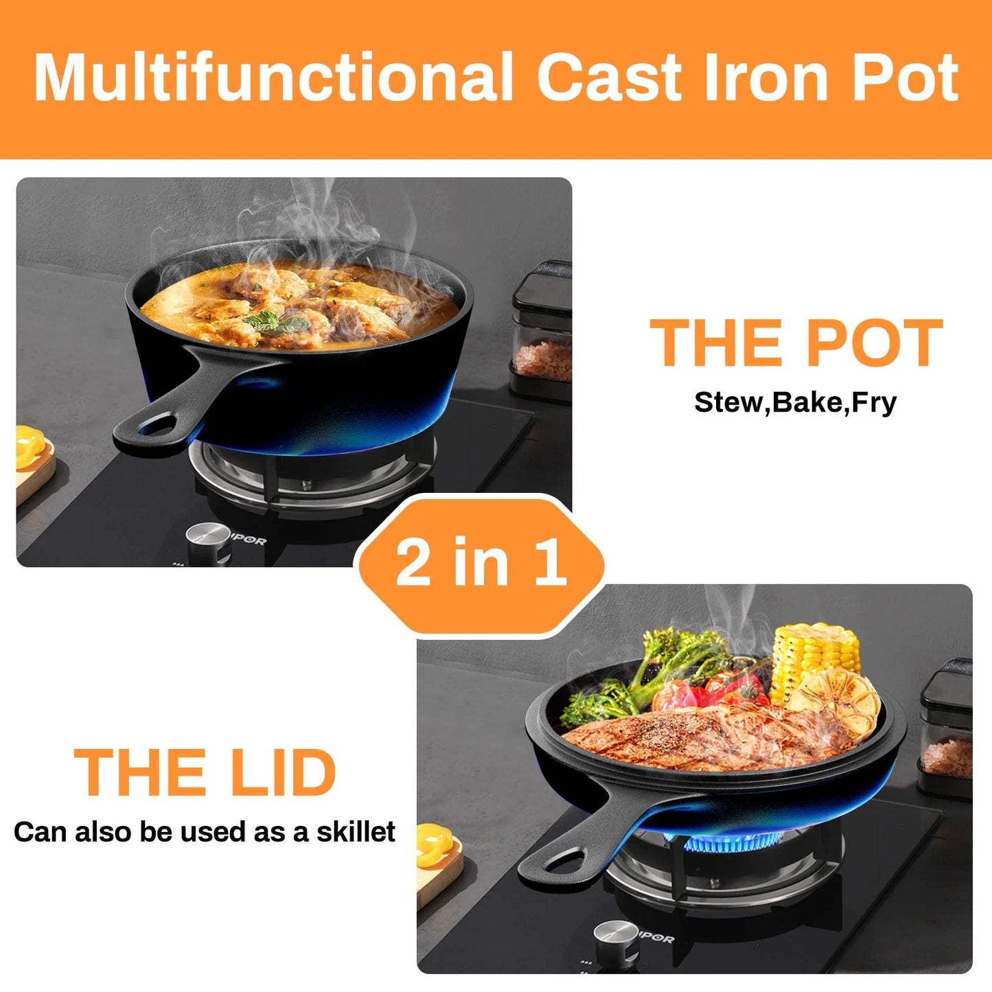 TLGREEN 2-in-1 Cast Iron Dutch Oven Pot, with Skillet & Lid - 2.9 Qt Deep Pot + 1.27 Qt Frying Pan, Versatile for Oven, Stove, Grill, Campfire