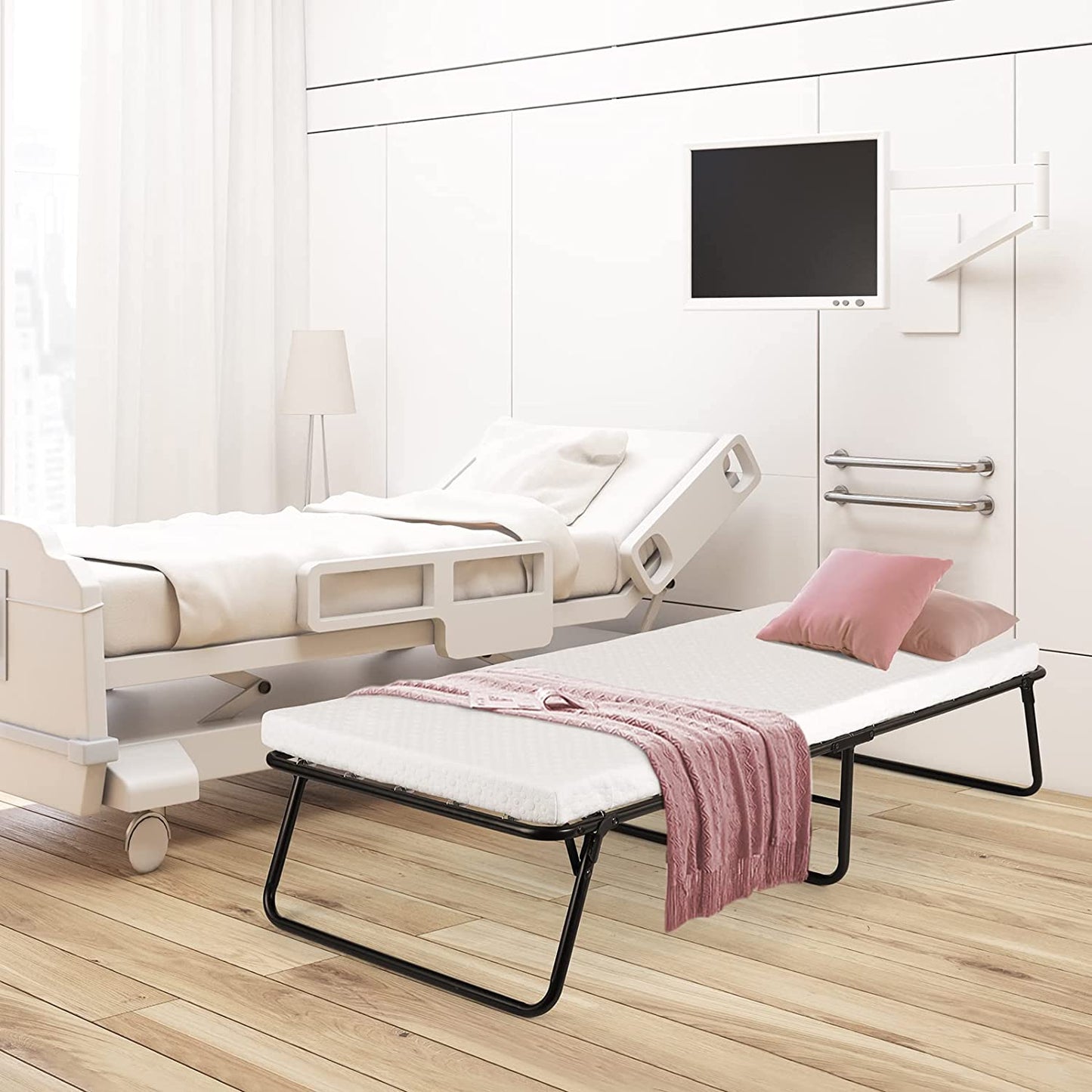 TLGREEN Portable Folding Bed with Wheels, Memory Foam Mattress, No Assembly