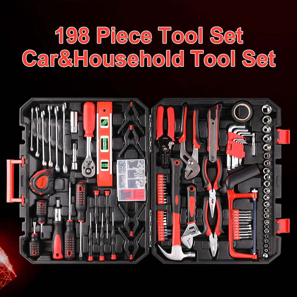 198-Piece Portable Tool Box,Comprehensive Hand Tool Set Including Ratchet, Socket Tool Set, Screwdrivers,Perfect for Home and Car Repair (Red)