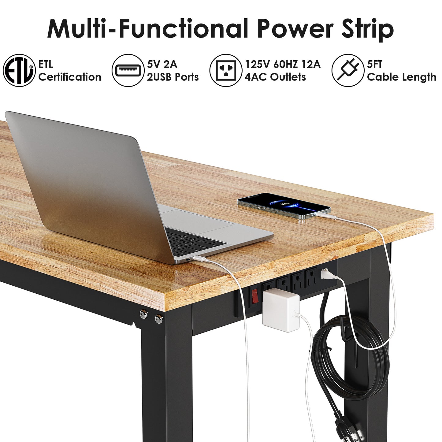TLGREEN Adjustable Workbench with Rubber Wood Top, Heavy-Duty Table, 2000 LBS Capacity, Pegboard, and Hooks - Perfect for Garage, Workshop, Home, Office & Courtyard Use