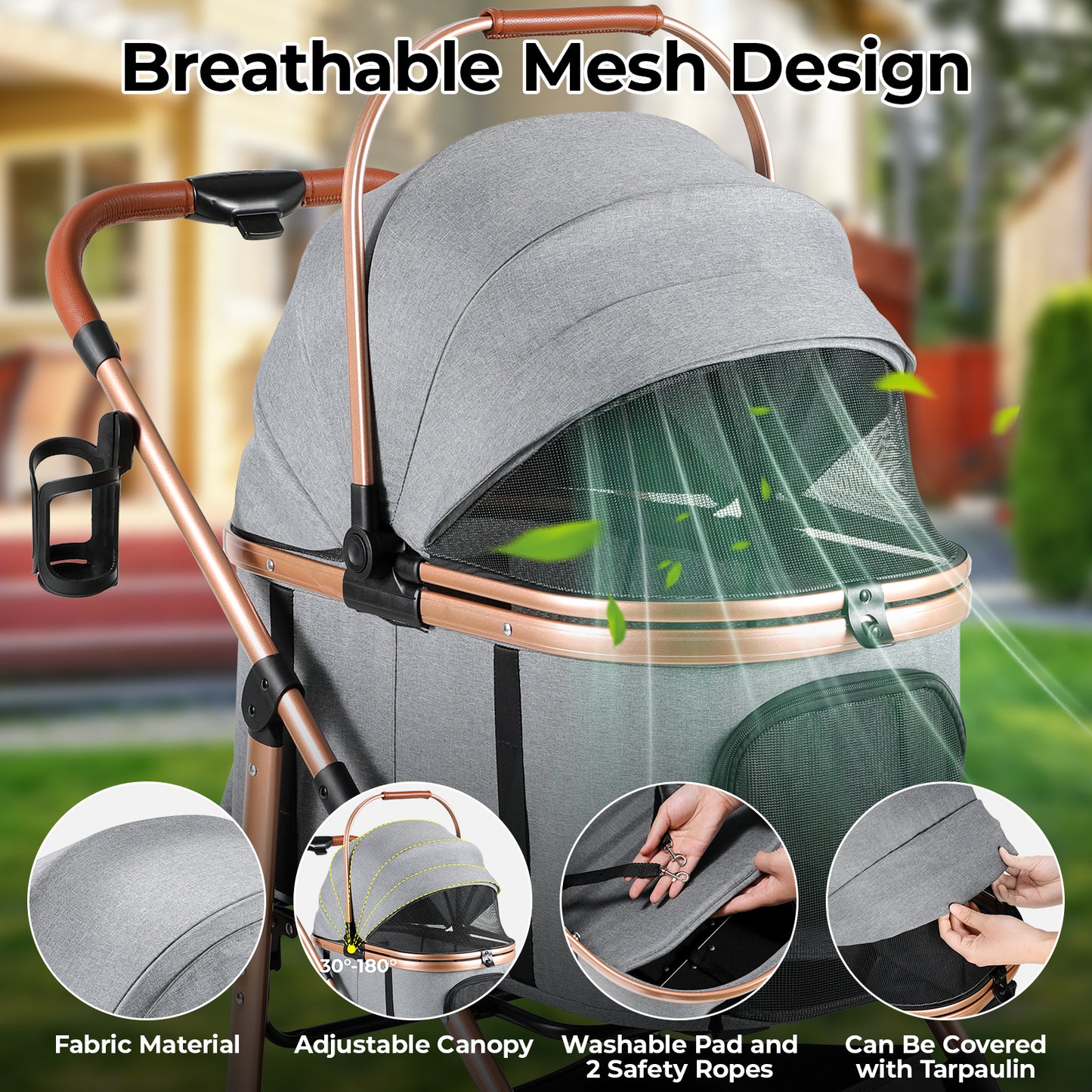 TLGREEN 4-Wheel Stable Pet Stroller for Medium Dogs/ Cats (55lbs Max) - 3-in-1 Convertible Design with Removable Carrier & One-Click Folding Mechanism (Black)