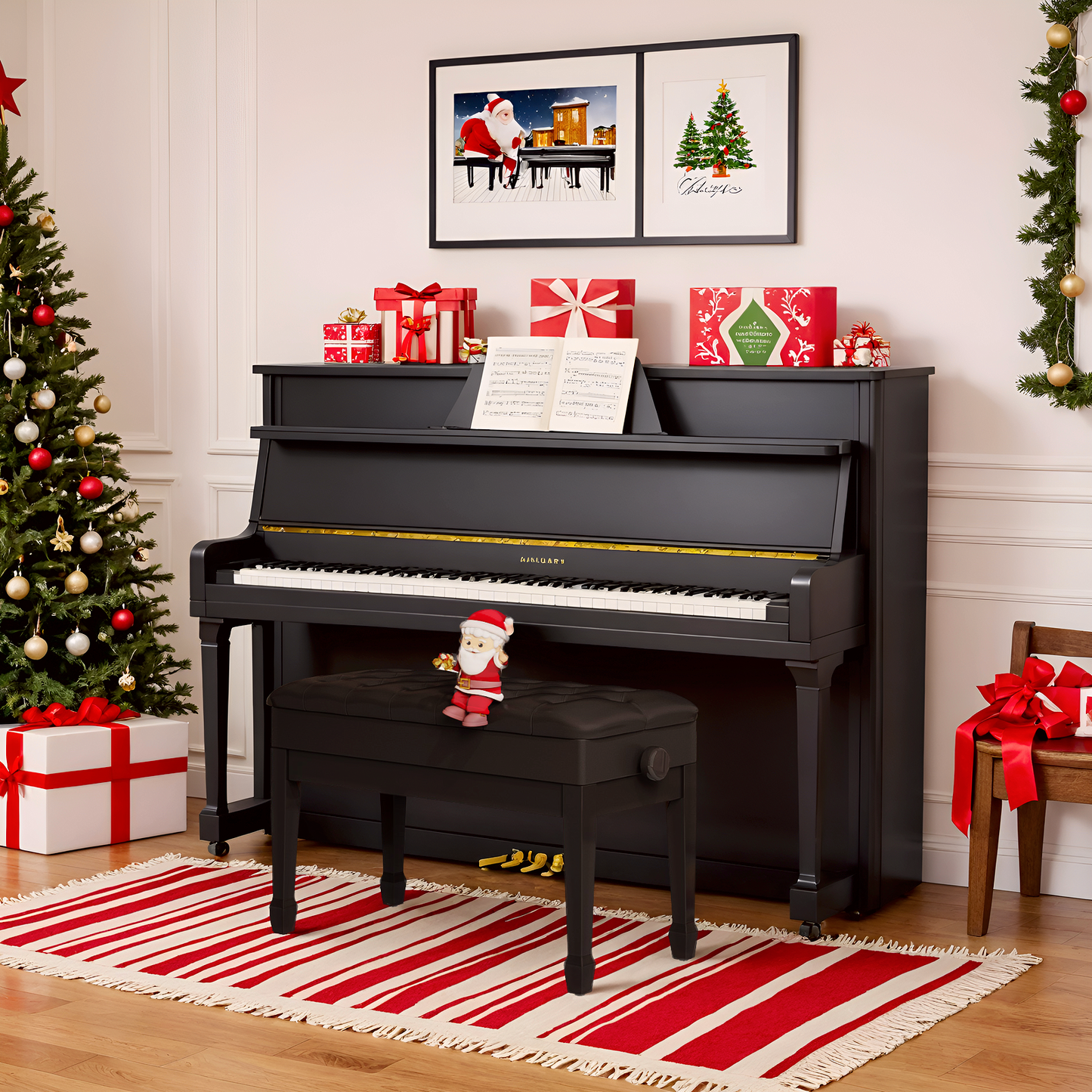 TLGREEN Wooden Duet Piano Bench with Storage & Padded Faux Leather Seat for Music Books