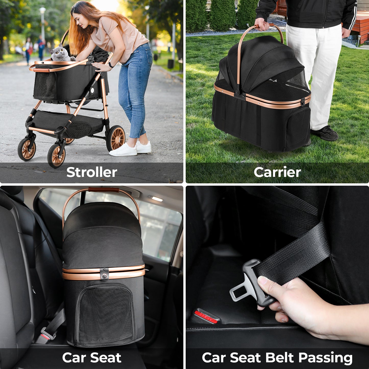 TLGREEN 4-Wheel Stable Pet Stroller for Medium Dogs/ Cats (55lbs Max) - 3-in-1 Convertible Design with Removable Carrier & One-Click Folding Mechanism (Black)