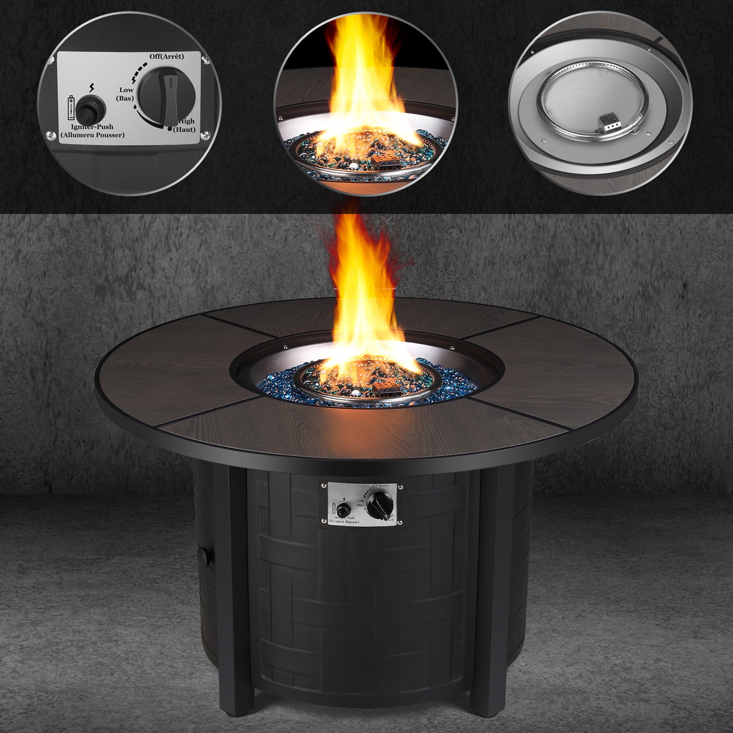 TLGREEN 42" Propane Fire Pit Table with Lid and Blue Stone, 50,000 BTU Auto-Ignition Circular Gas Fire Pit for Outdoor, with Waterproof Cover, CSA Certified