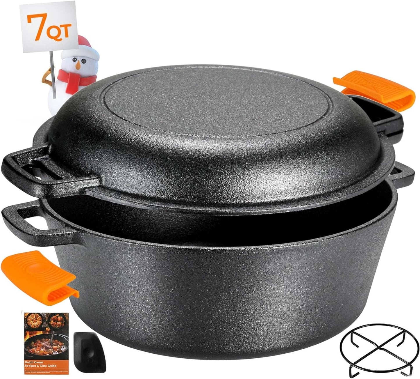 TLGREEN 2 in 1 Cast Iron Dutch Oven Pot, Pre-Seasoned Pot (5.1QT) and Skillet as a Lid (1.9QT) , for Oven, Stove, Grill, Campfire