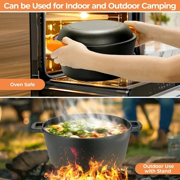 TLGREEN 2 in 1 Cast Iron Dutch Oven Pot, Pre-Seasoned Pot (5.1QT) and Skillet as a Lid (1.9QT) , for Oven, Stove, Grill, Campfire