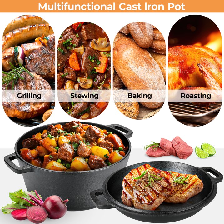 TLGREEN 2 in 1 Cast Iron Dutch Oven Pot, Pre-Seasoned Pot (5.1QT) and Skillet as a Lid (1.9QT) , for Oven, Stove, Grill, Campfire