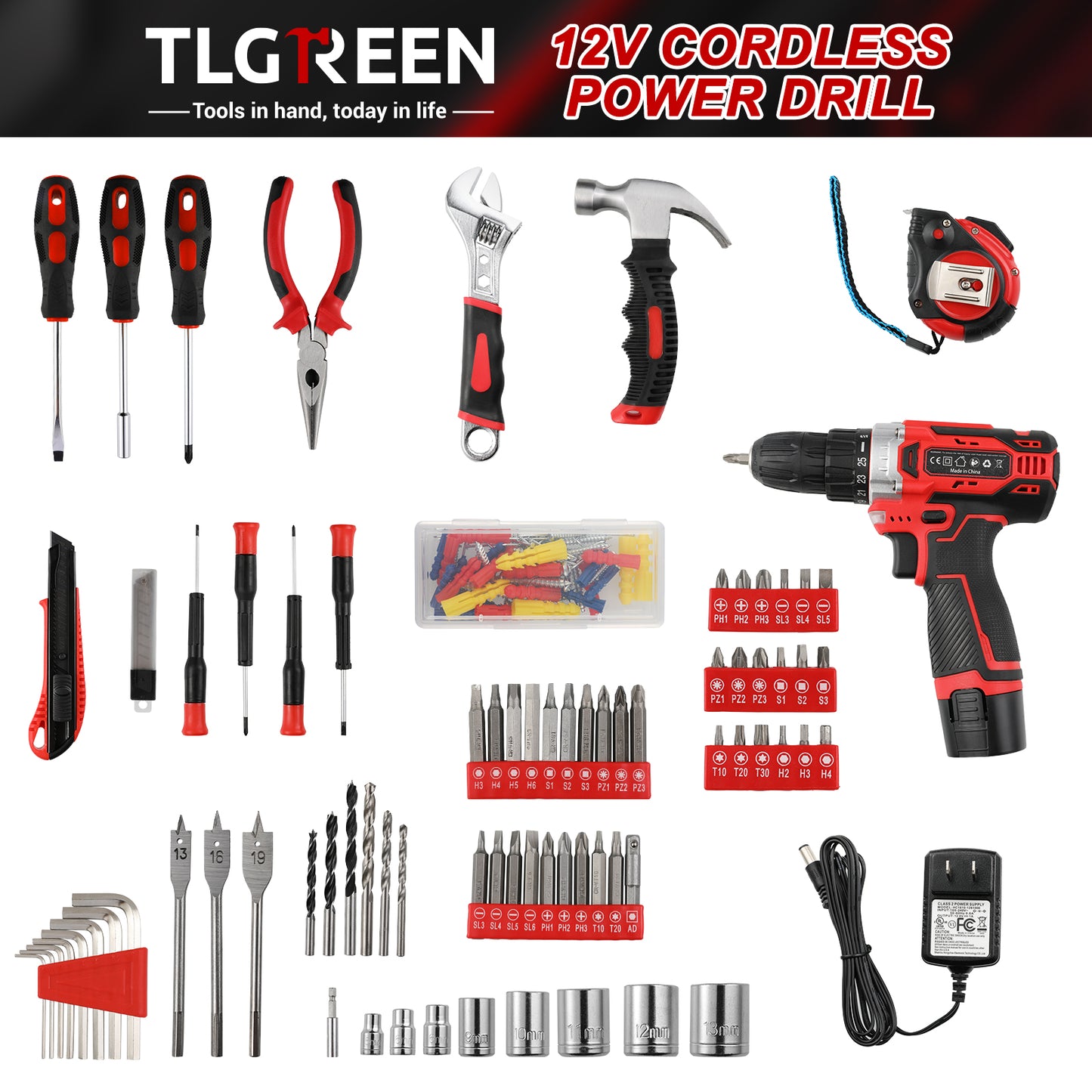 TLGREEN 12V Tool Set with Cordless Drill - 2-Speed Adjustable Power & Rapid Charging Magnetic drill, 139 Piece Home Tool Kit