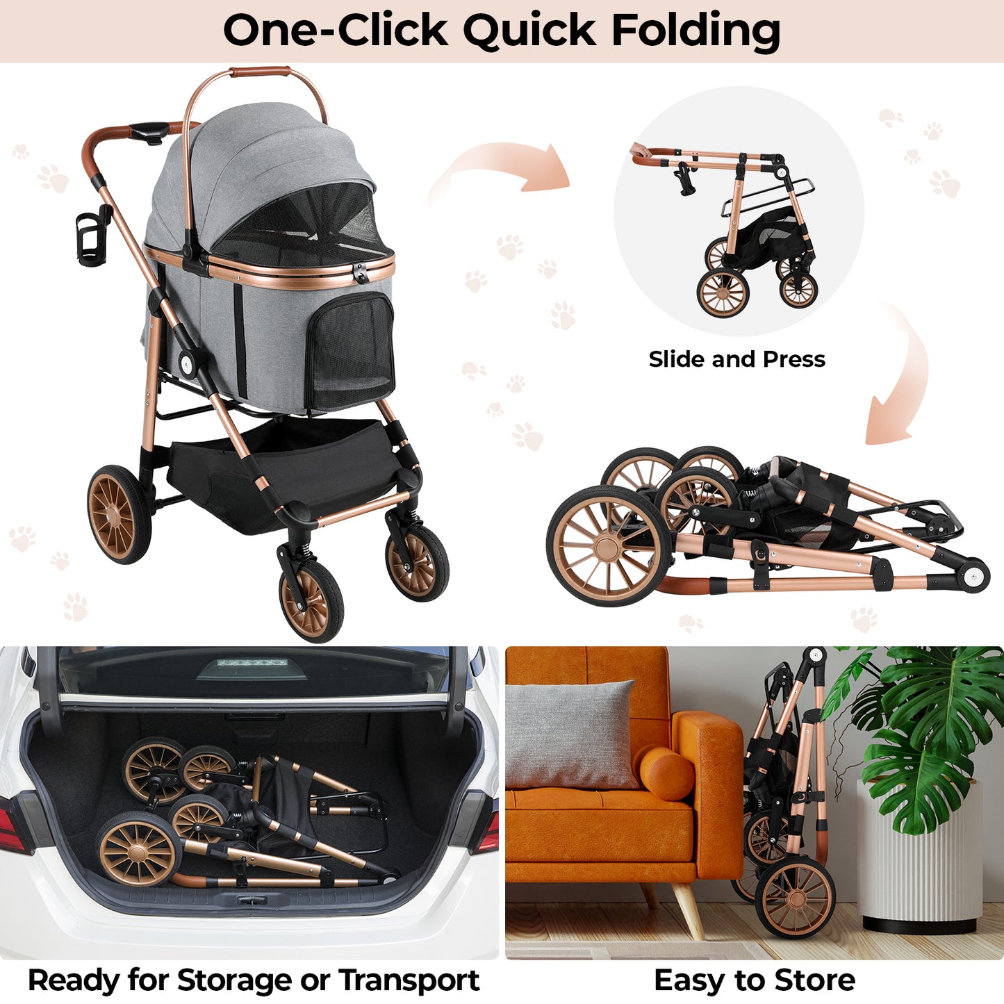 TLGREEN 4-Wheel Stable Pet Stroller for Medium Dogs/ Cats (55lbs Max) - 3-in-1 Convertible Design with Removable Carrier & One-Click Folding Mechanism (Black)
