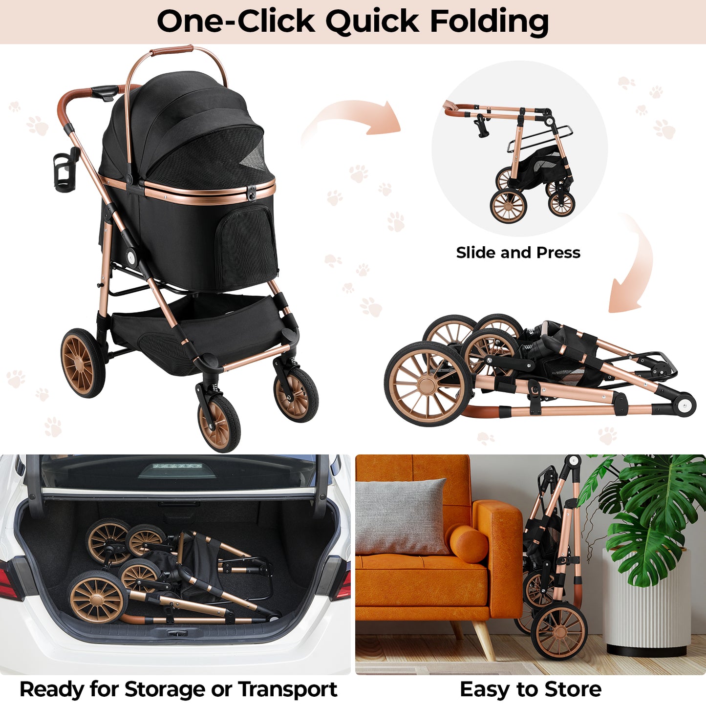 TLGREEN 4-Wheel Stable Pet Stroller for Medium Dogs/ Cats (55lbs Max) - 3-in-1 Convertible Design with Removable Carrier & One-Click Folding Mechanism (Black)