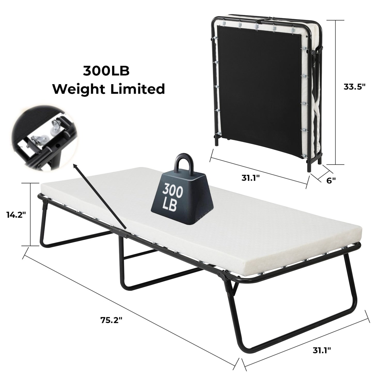 TLGREEN Portable Folding Bed with Wheels, Memory Foam Mattress, No Assembly