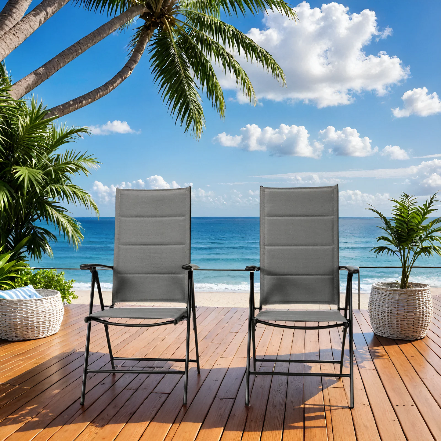 TLGREEN Outdoor Folding Chairs Set (2-Pack) ,Patio Chairs with Foam-Padded Textilene Fabric & Lightweight Aluminum Frame, 7-Position Adjustable Back(Gray)