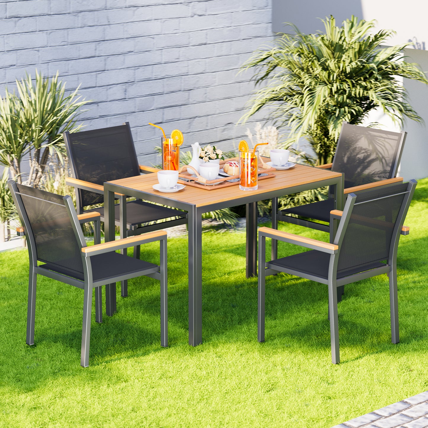 TLGREEN Patio Dining Chairs Set of 2, Stackable Aluminum Chair with Textilene Fabric & WPC Handrail, All Weather Outdoor Chair for Balcony, Poolside, Terrace & Restaurants, Black