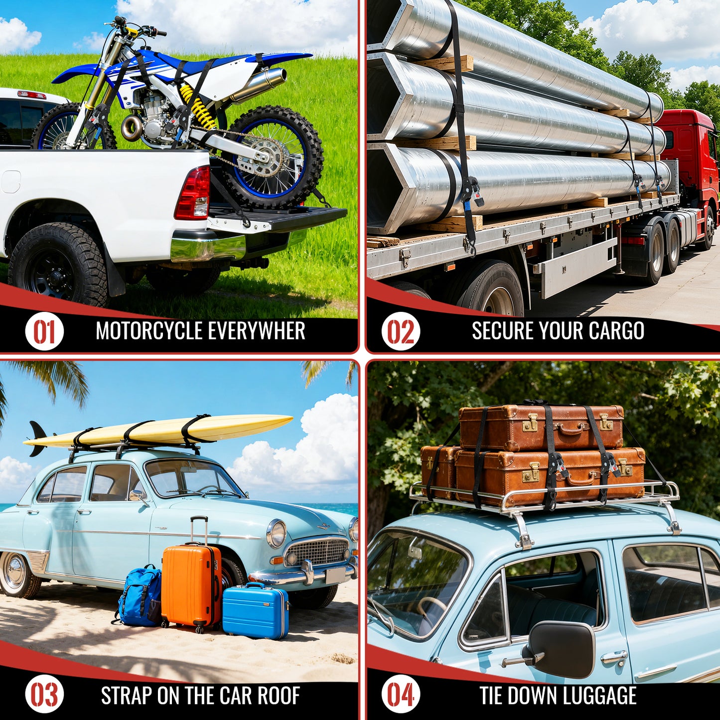 TLGREEN Retractable Ratchet Straps, 4Pack,1” x 10’ 1650lb Break Strength Heavy Duty Auto Self Retracting Tie Down Straps for Truck, Cargo, Motorcycle, ATV, UTV,Boat