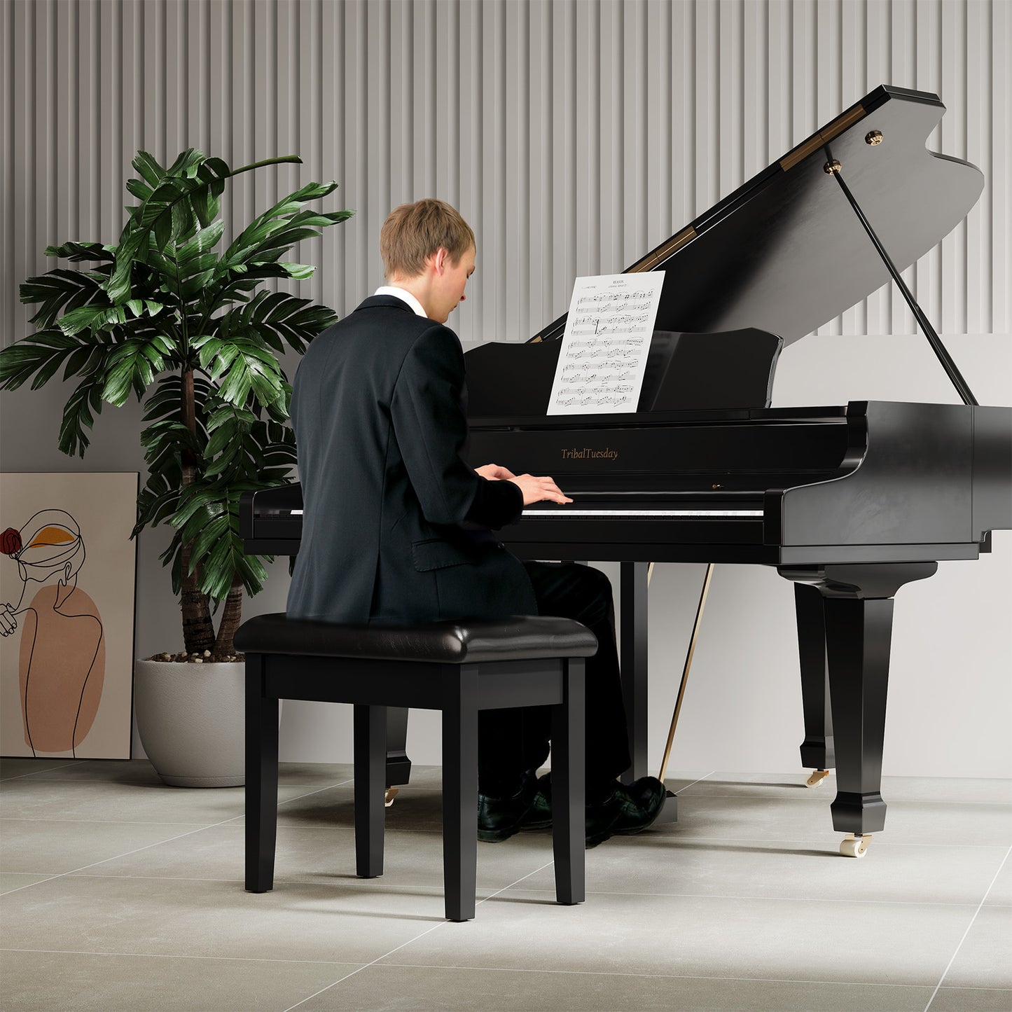 TLGREEN Wooden Duet Piano Bench with Storage & Padded Faux Leather Seat for Music Books