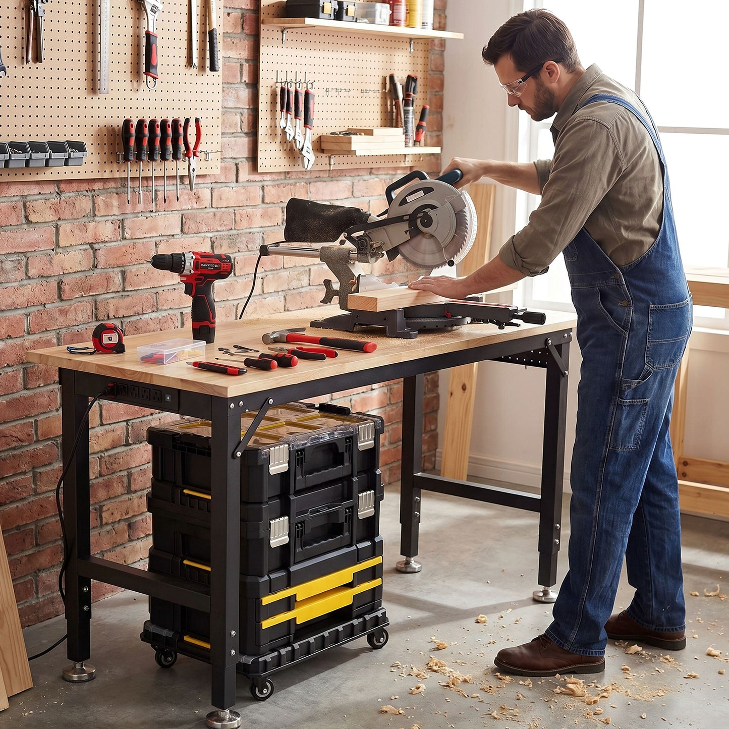 TLGREEN 60" x 22" Heavy Duty Workbench, 2000 LBS Capacity, 31.5-39.5 in Adjustable Work Bench with Power Outlet & Pegboard for Garage