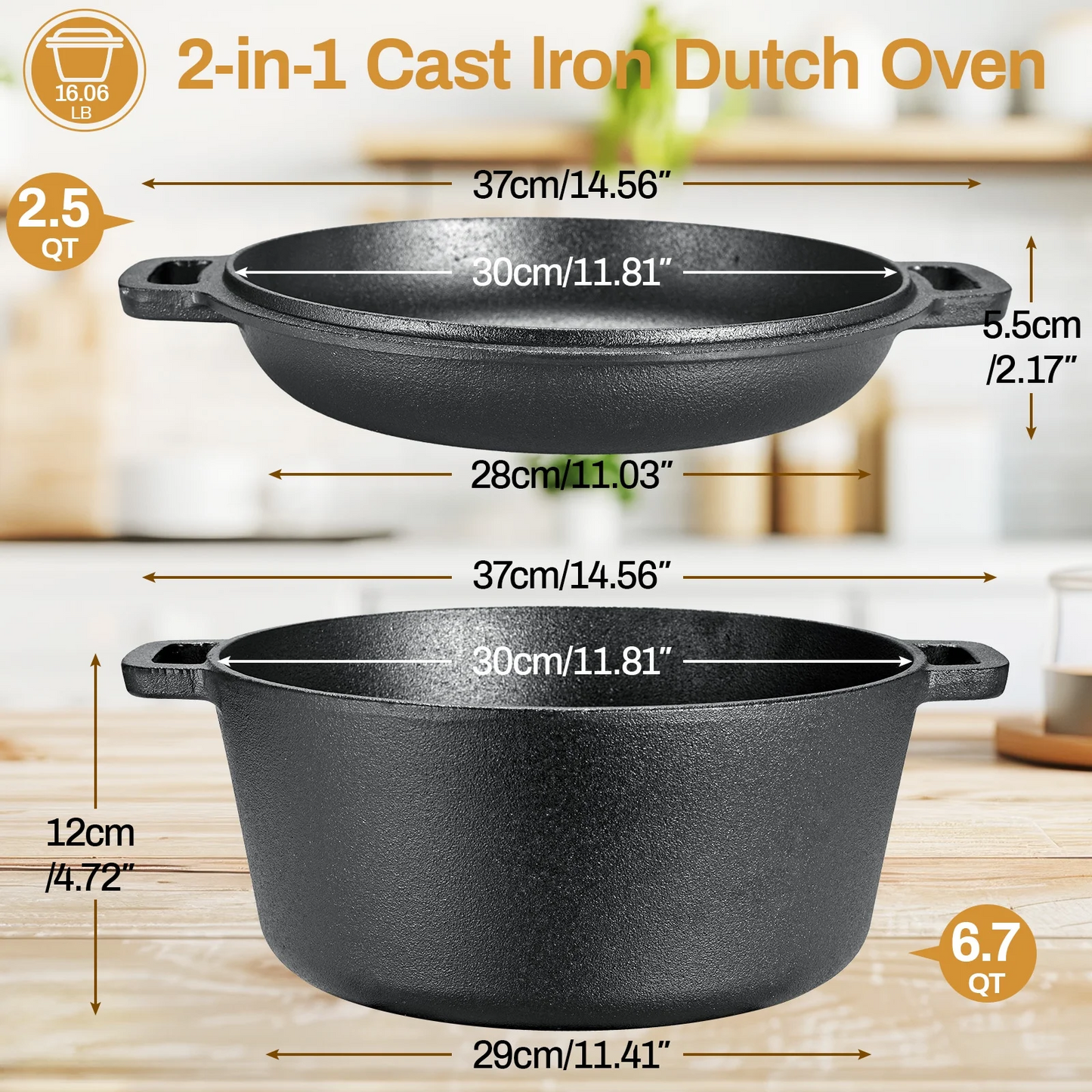 TLGREEN 2 in 1 Cast Iron Dutch Oven Pot, Pre-Seasoned Pot (5.1QT) and Skillet as a Lid (1.9QT) , for Oven, Stove, Grill, Campfire