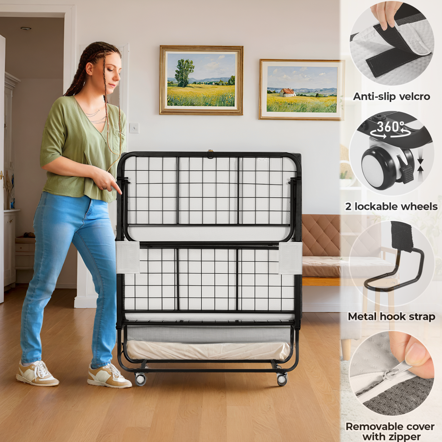 TLGREEN Portable Folding Bed with Mattress - Cot Size, 4" Memory Foam, Sturdy Metal Frame, Space-Saving for Guests or Small Rooms