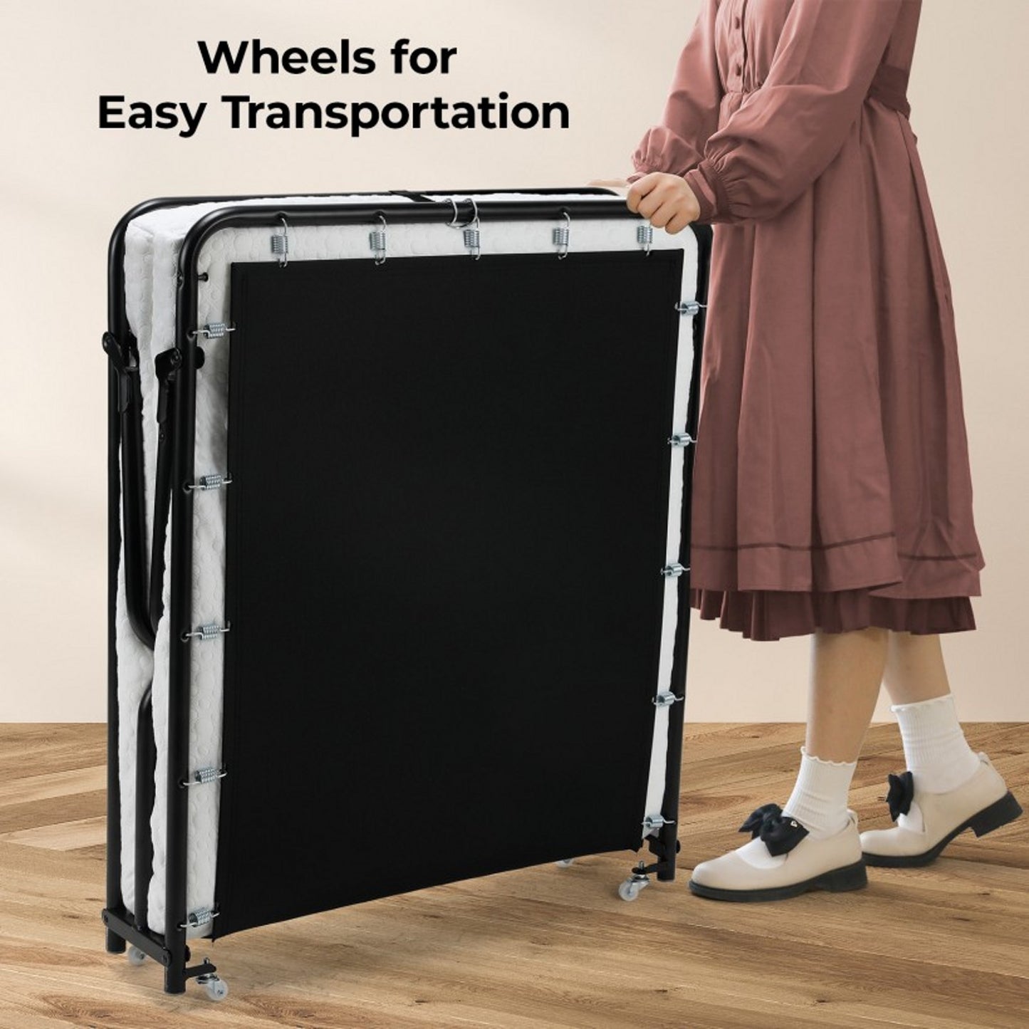 TLGREEN Portable Folding Bed with Wheels, Memory Foam Mattress, No Assembly