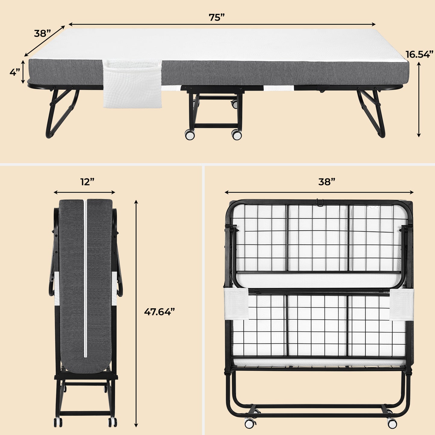 TLGREEN Portable Folding Bed with Mattress - Cot Size, 4" Memory Foam, Sturdy Metal Frame, Space-Saving for Guests or Small Rooms