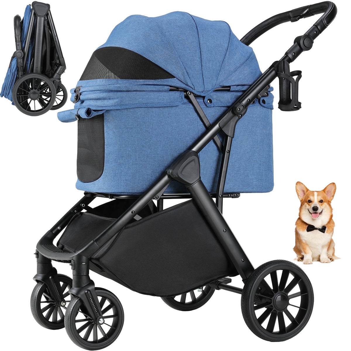 TLGREEN Foldable Dog Stroller for Medium Small Dogs Cats Up to 55 Lbs, Aluminum and Carbon Steel Frame Pet Stroller with Cup Holder, Adjustable Height