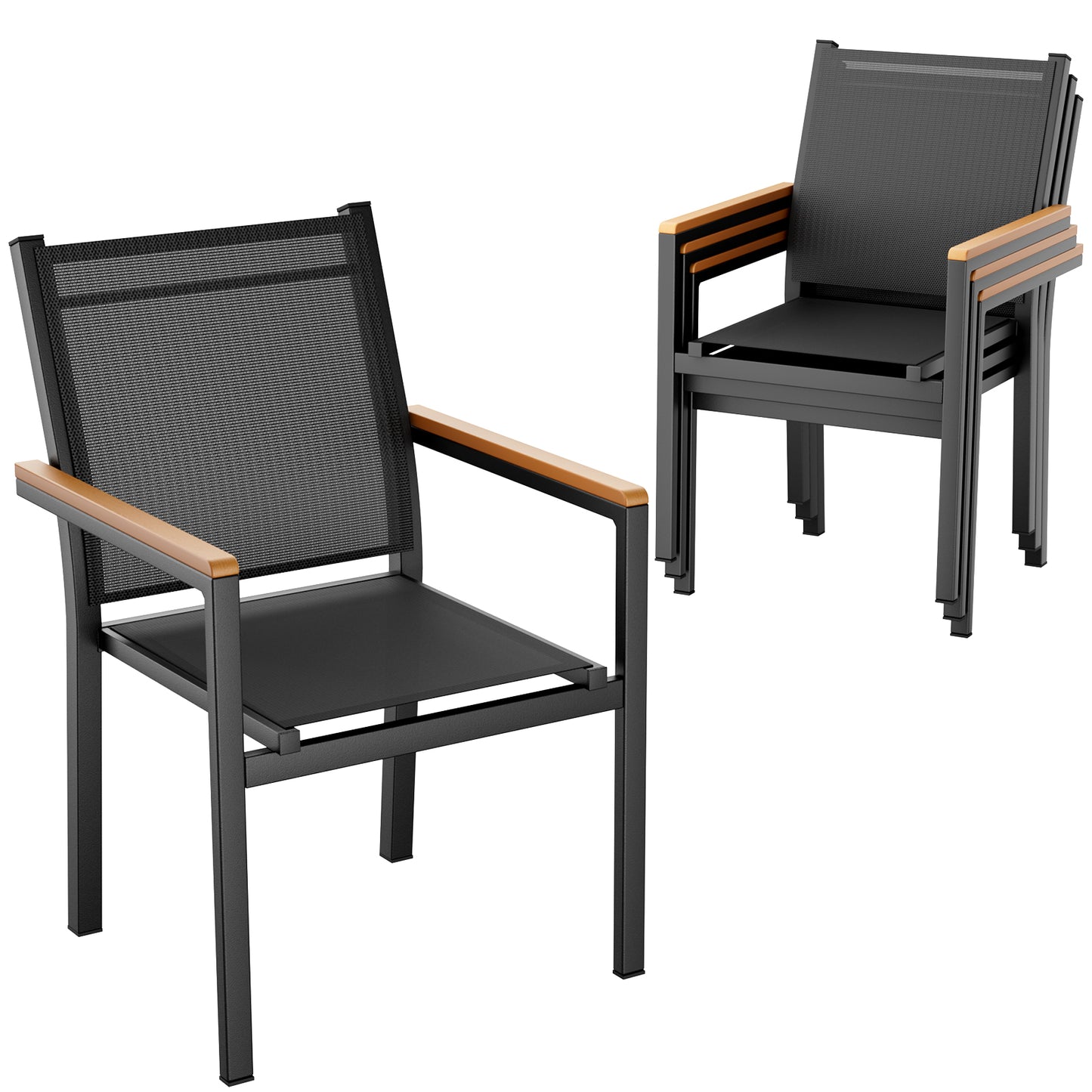TLGREEN Patio Dining Chairs Set of 2, Stackable Aluminum Chair with Textilene Fabric & WPC Handrail, All Weather Outdoor Chair for Balcony, Poolside, Terrace & Restaurants, Black