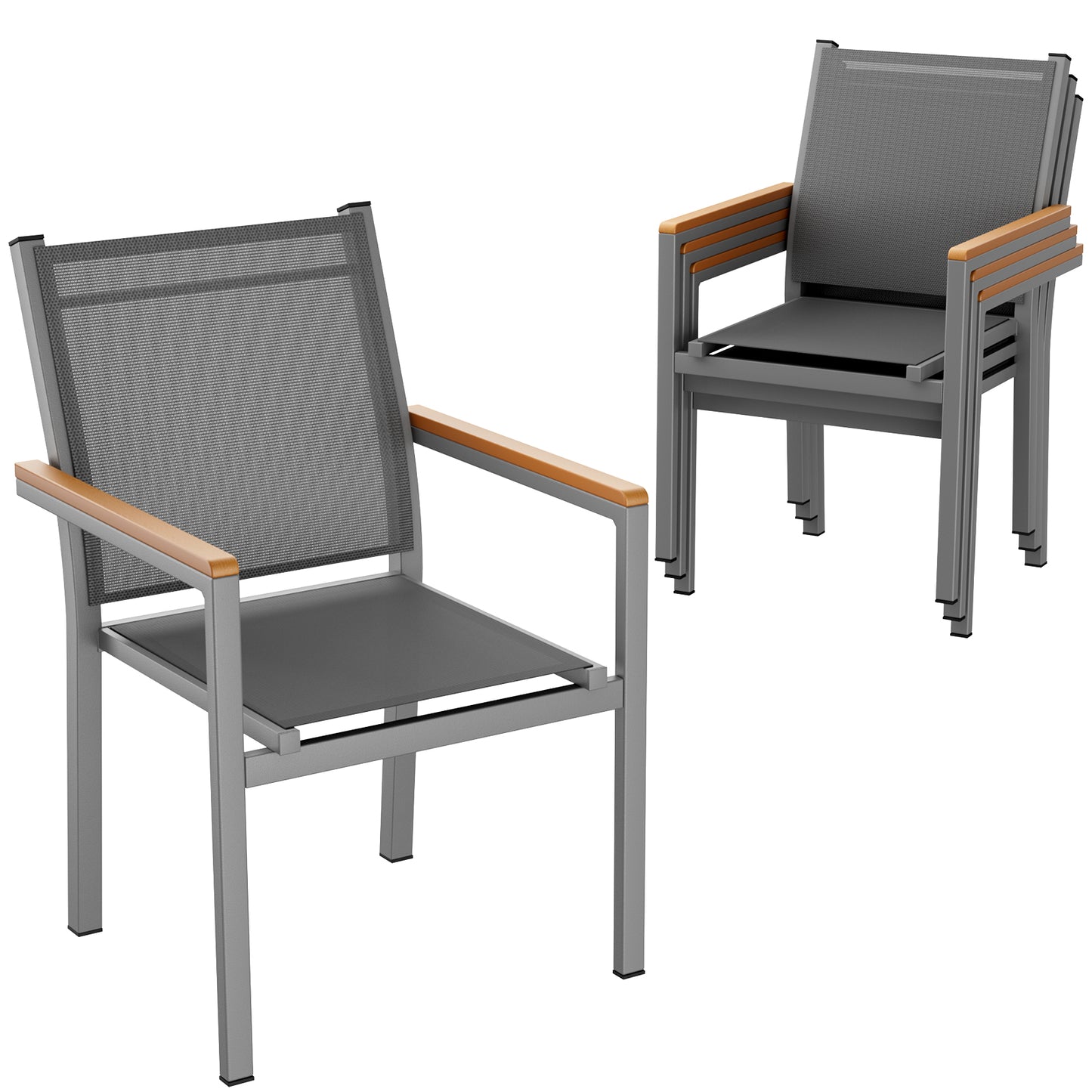 TLGREEN Patio Dining Chairs Set of 2, Stackable Aluminum Chair with Textilene Fabric & WPC Handrail, All Weather Outdoor Chair for Balcony, Poolside, Terrace & Restaurants, Black